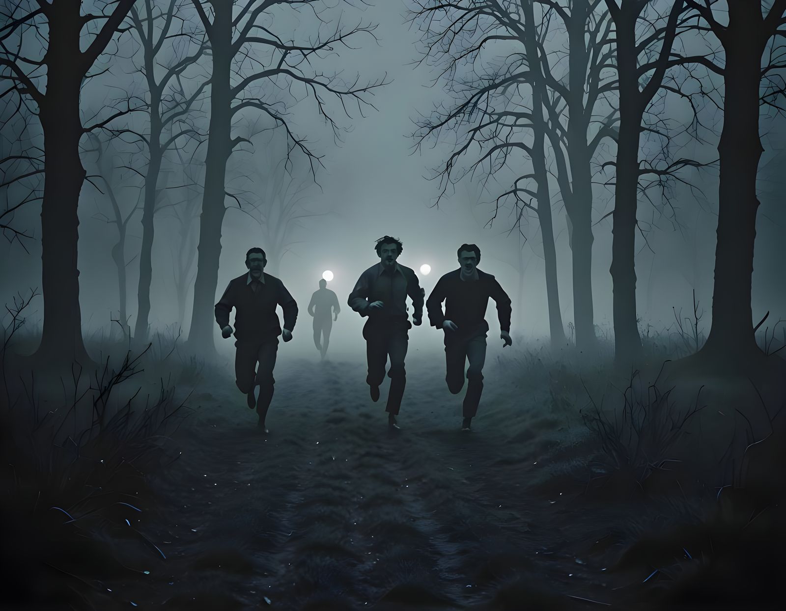 Men Flee a Lycanthropic Terror in a Dark and Foggy Meadow