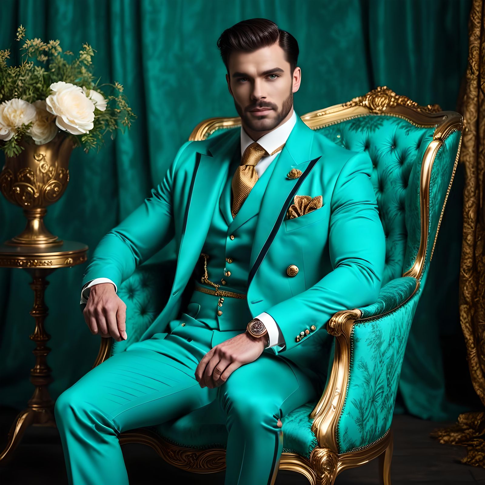 Edwardian Gentleman in Turquoise and Gold Armchair