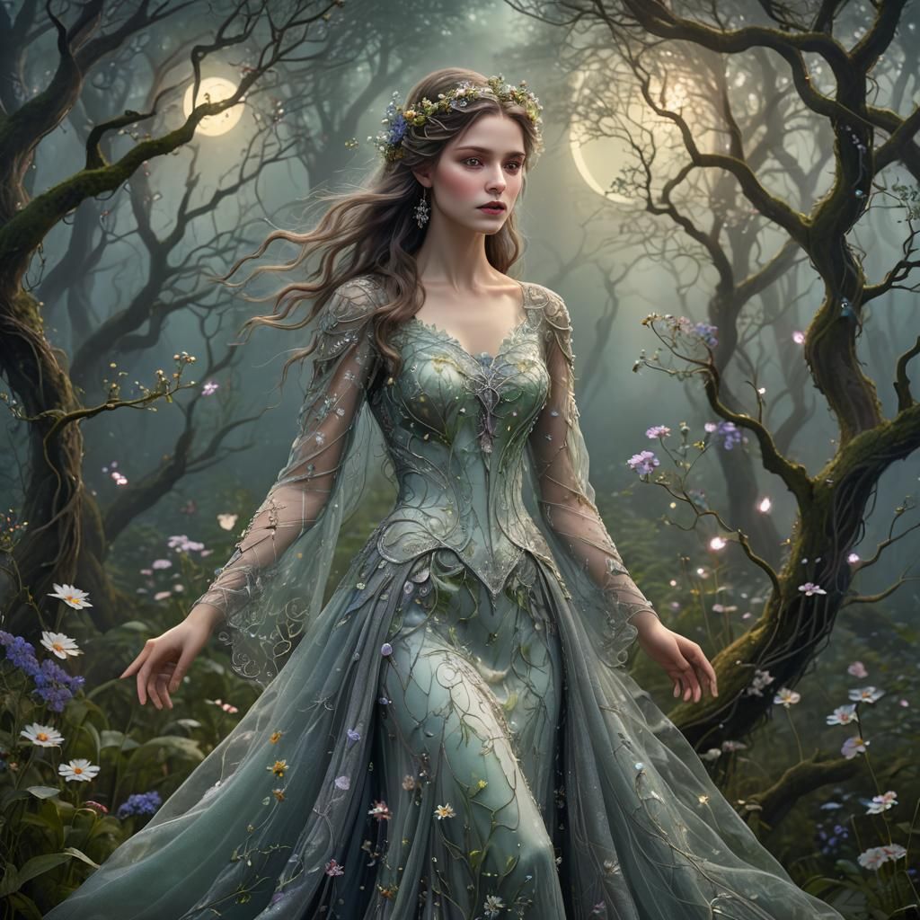 Ethereal Enchanted Lady in Moonlit Forest