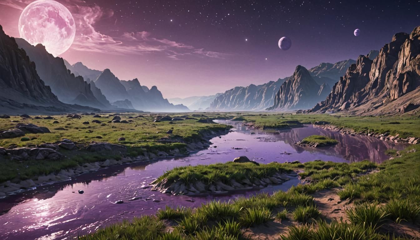 Alien Planet with Twin Moons and Purple River
