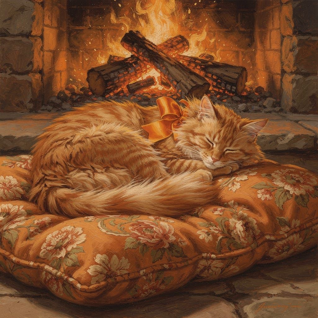Fluffy Ginger Cat Sleeping by Fireplace in Oil Painting Styl...