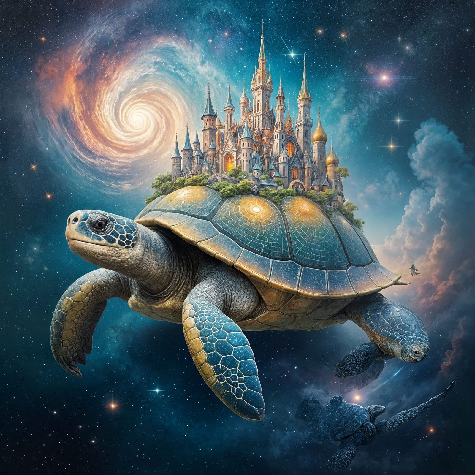 Ancient Turtle Carries Glowing City Through Cosmic Nebula
