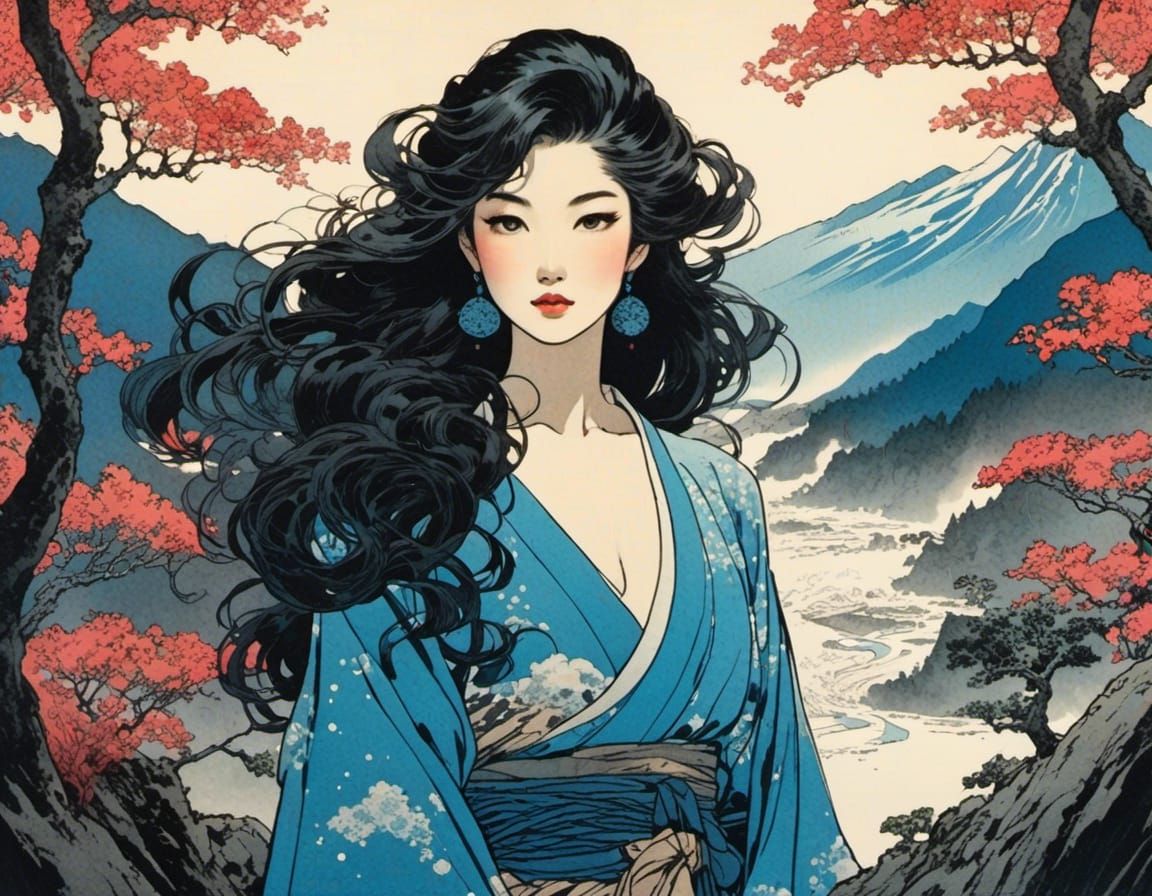 Japanese Woodblock Print: Woman with Flowing Hair