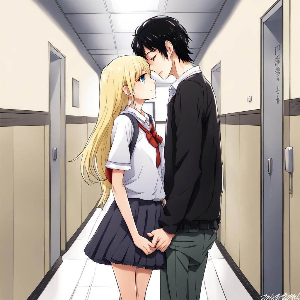 Anime-Style Kiss in School Hallway
