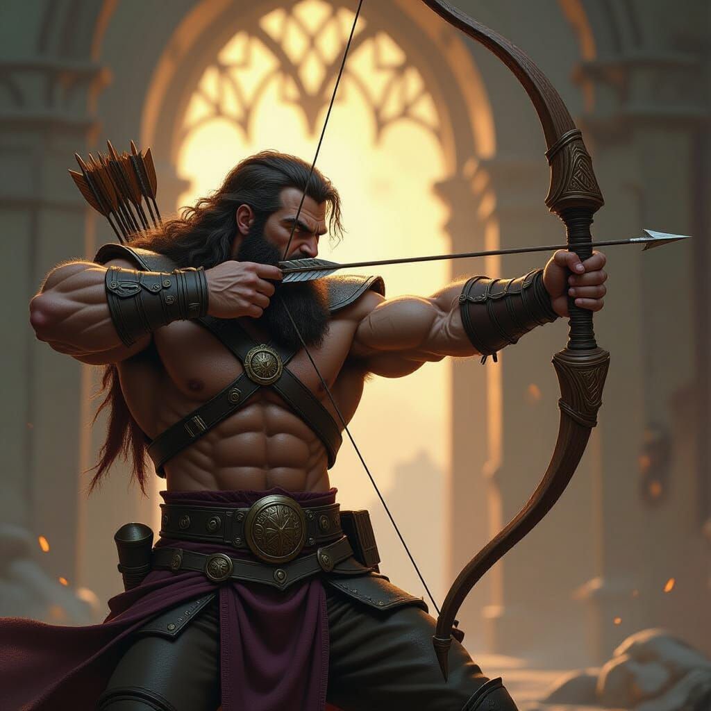 Muscular Archer Draws Colossal Bow in Dark Fantasy