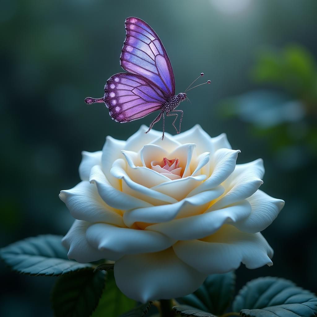 Gemstone Butterfly and Bleeding Rose, Hyperreal Digital Art