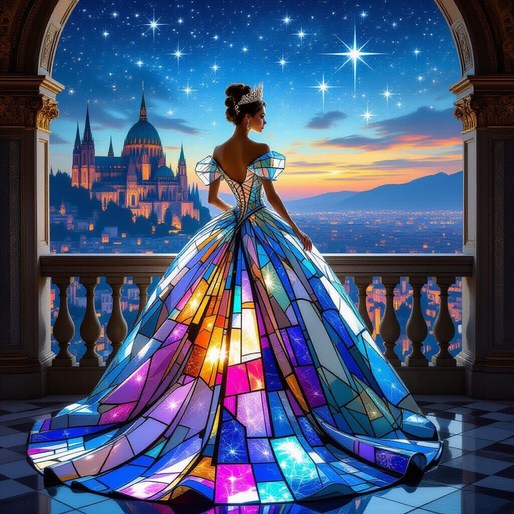 Regal Queen in Glass Gown Overlooking Starlit City