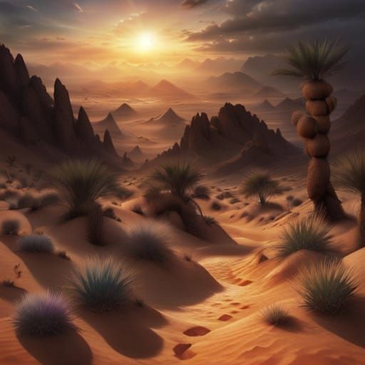 Sunset on the Sahara with dark shadows and diffuse light. <l...