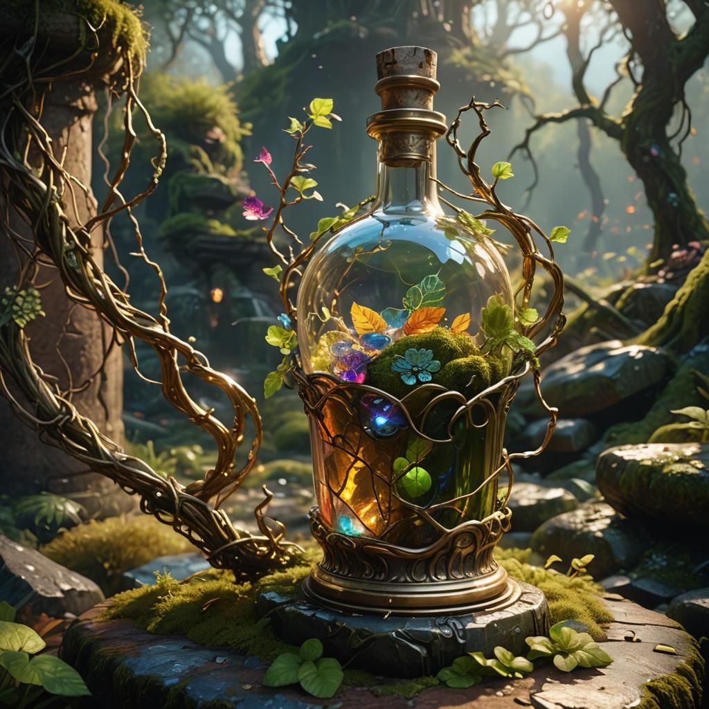 Ornate Bottle with Glowing Vines, Oil Painting