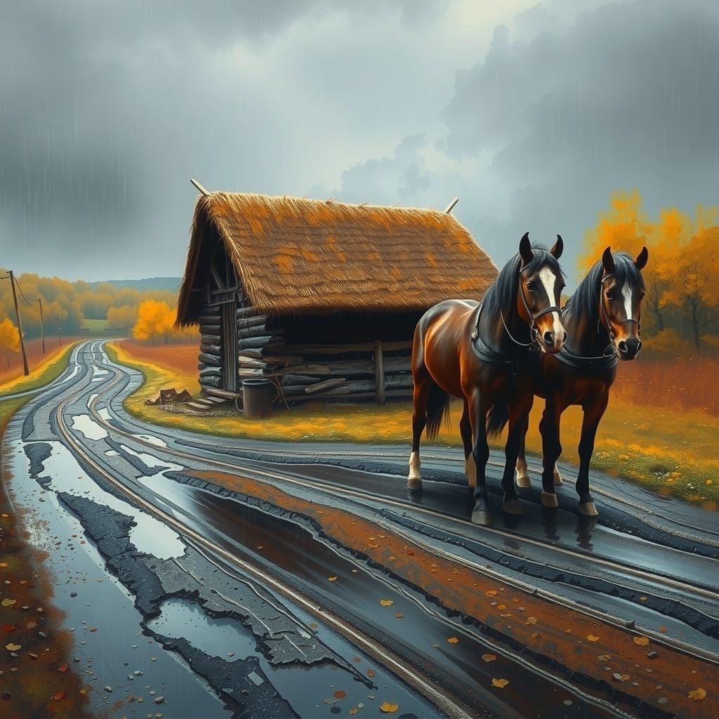 A hut in cold autumn bad weather on a road flooded with rain...