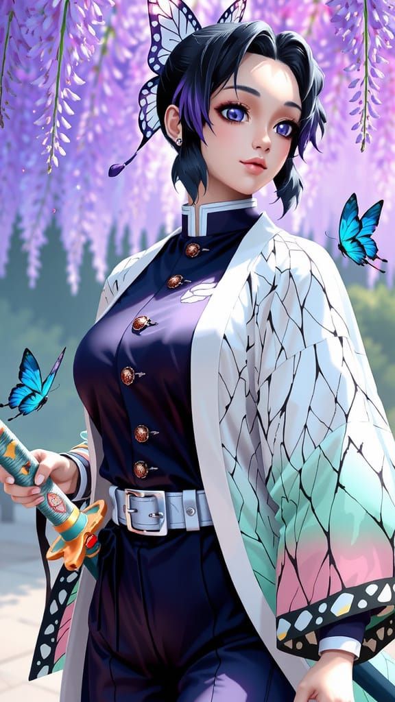 Shinobu Kocho Anime Illustration with Butterfly Ornamentatio...