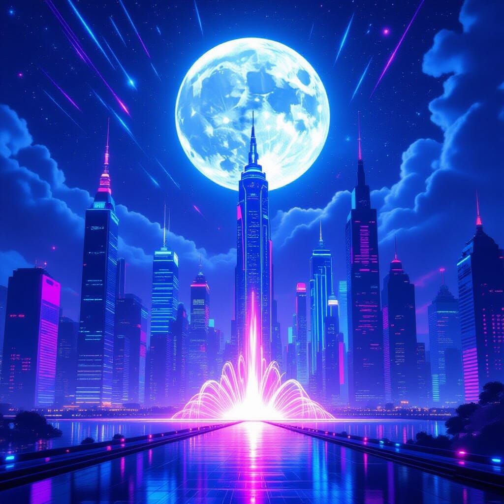 Neon Cityscape Under Luminous Moon: Futuristic Skyscraper Gl...