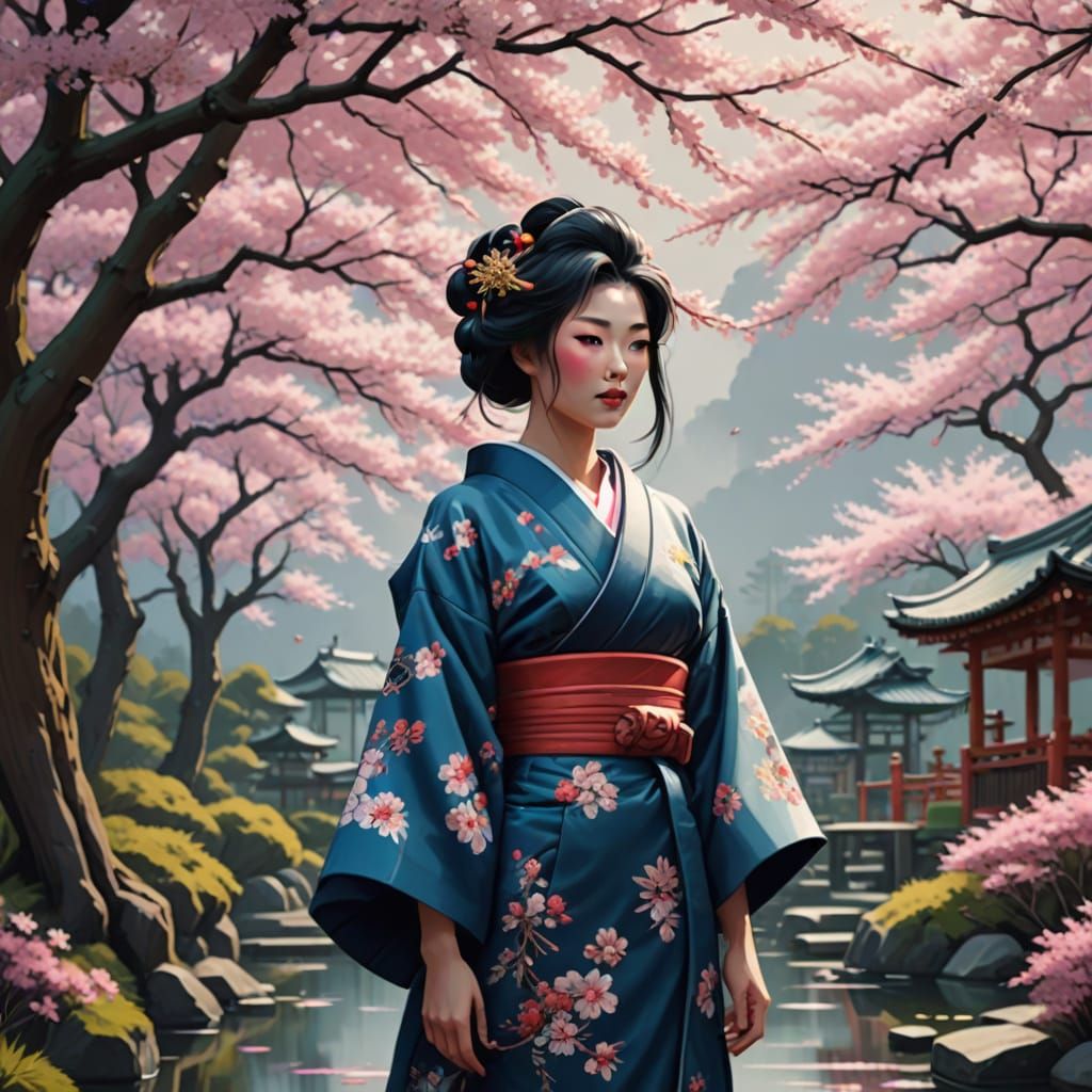 Traditional Japanese Geisha in Vibrant Pixel Art Style