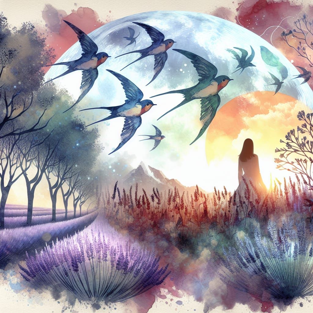 Watercolor Forest Moonscape with Swallows in Flight