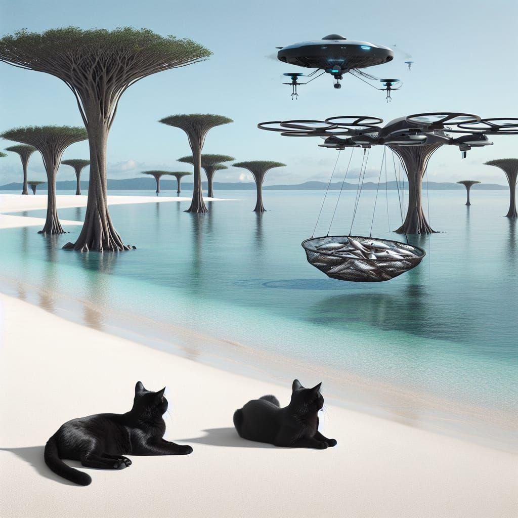 Black Cats on a Futuristic Alien Beach