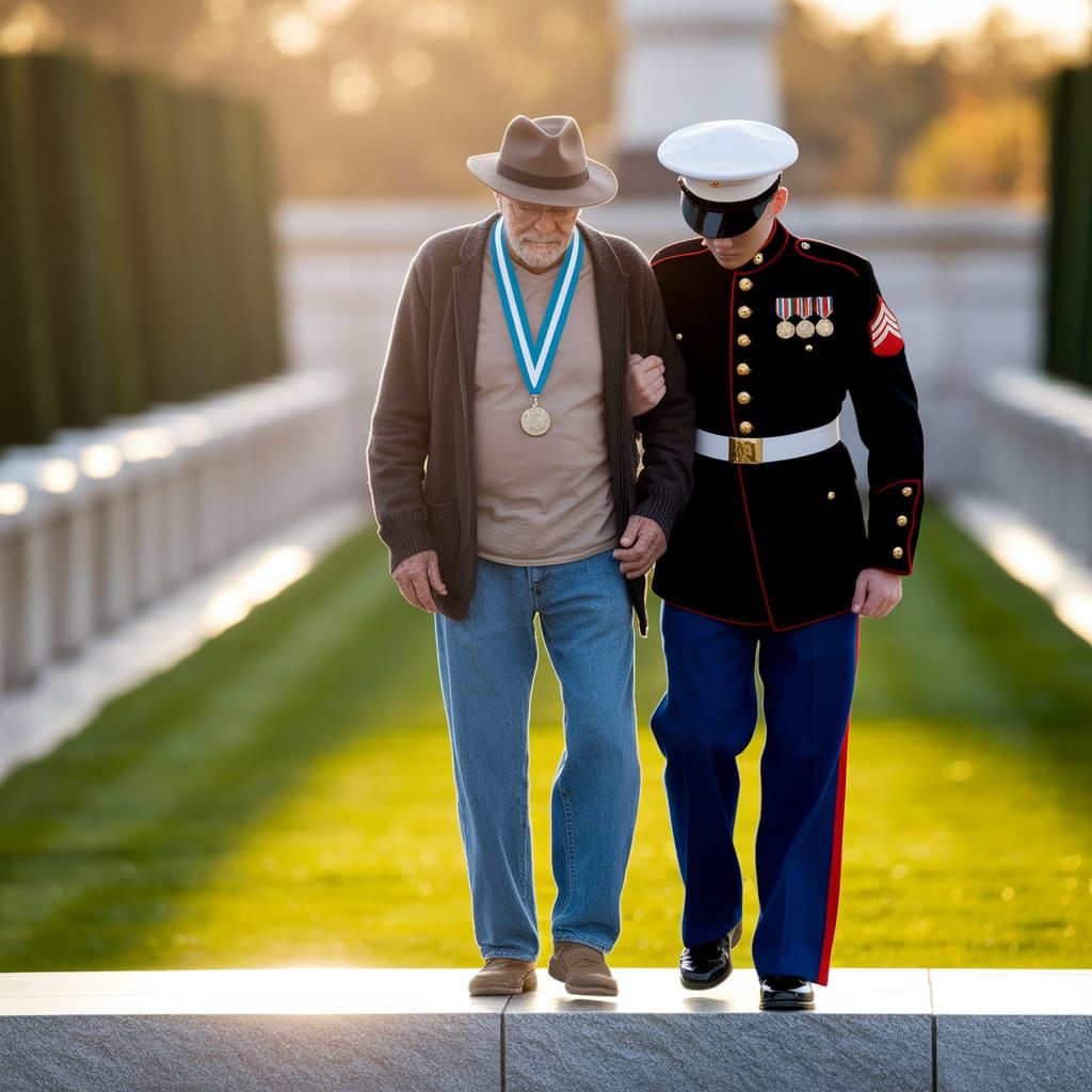 Elderly Man Assisted by Marine at Tomb of Unknown Soldier