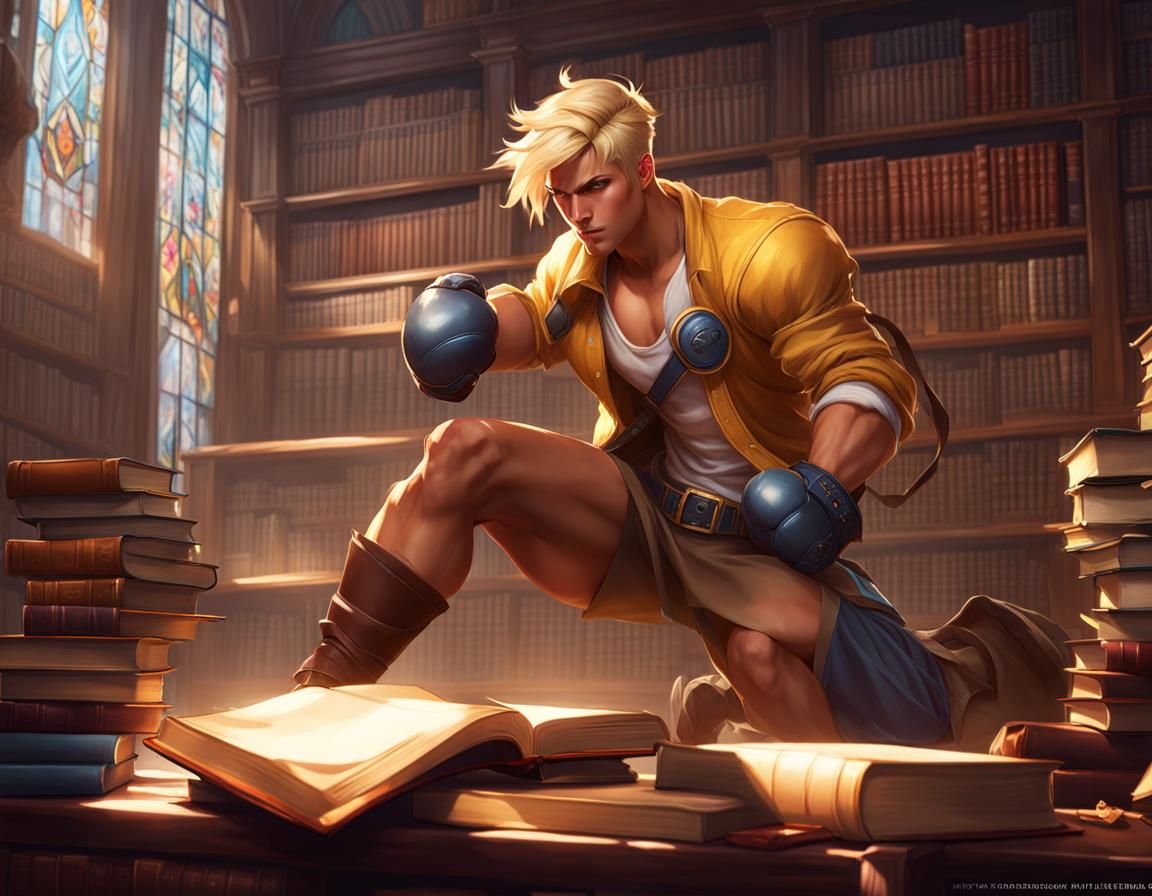 Blond Boxer Fighting Books in League of Legends Style