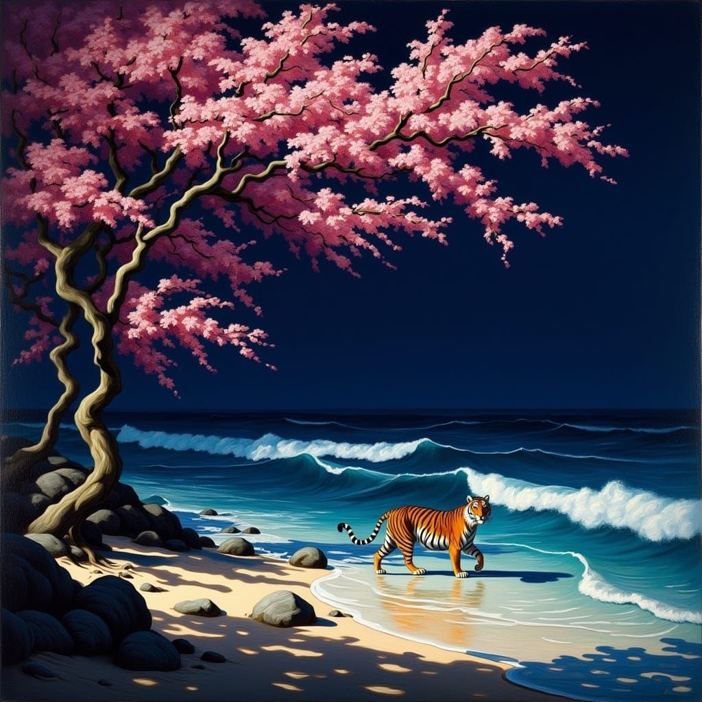Mysterious Tiger Amidst Sakura Blooms on a Dark Beach