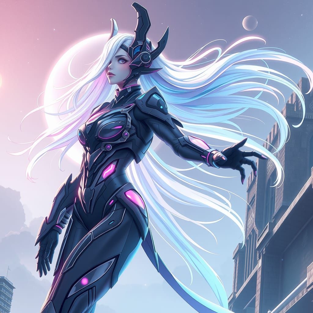 Majestic Alien Woman in Armored Exosuit, Anime Style