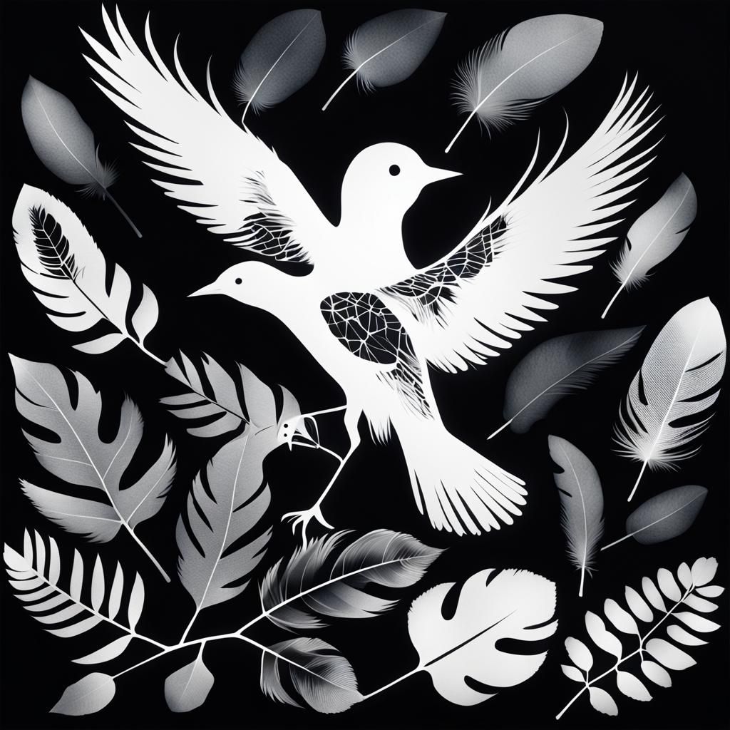 Photogram of Girl Silhouette with Bird and Feathers