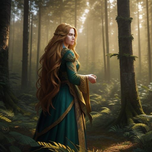 Fantasy Woman in Sunlit Forest Cinematic Still