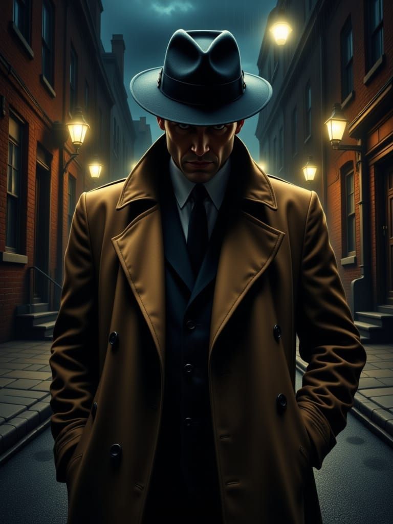 Film Noir Detective on Rainy Night Street