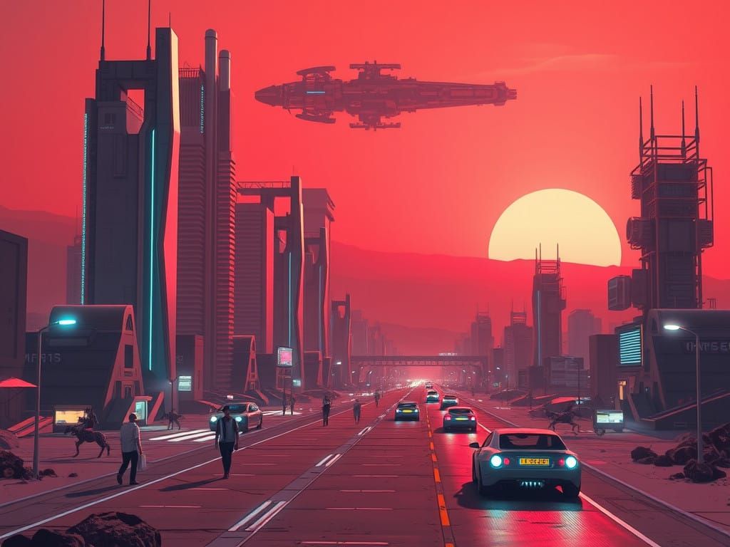 Mars Metropolis: Futuristic Cityscape with Robots and Flying...