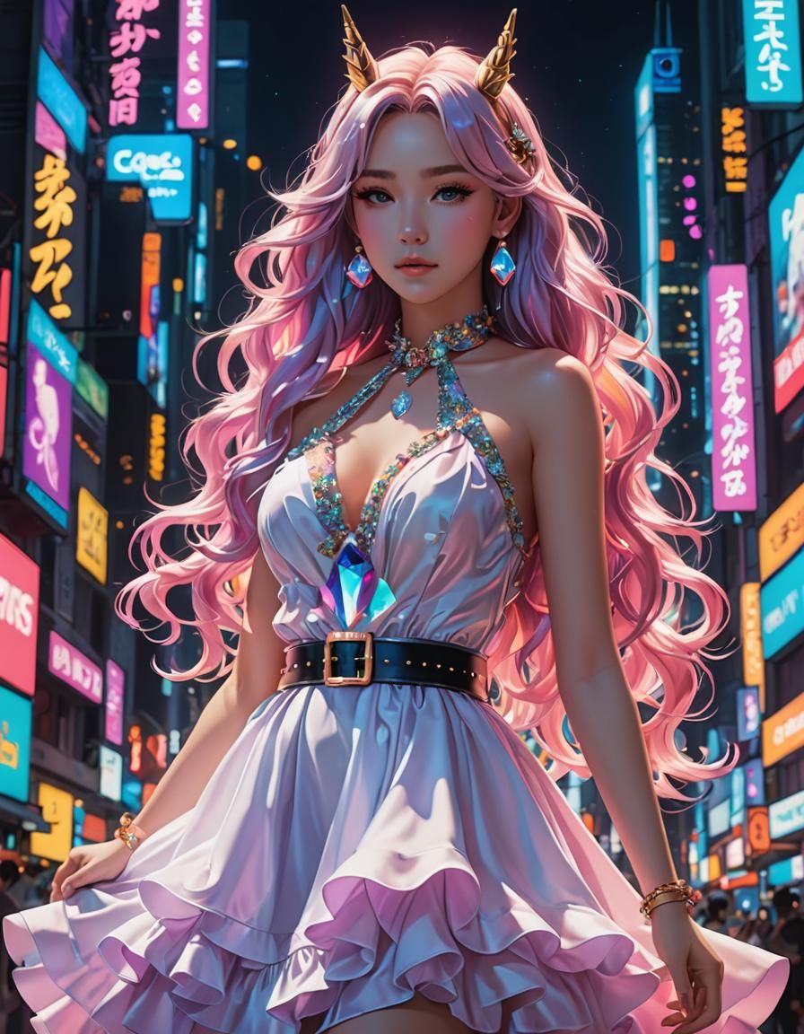Unicorn Dress in Anime Style Under Neon Lights