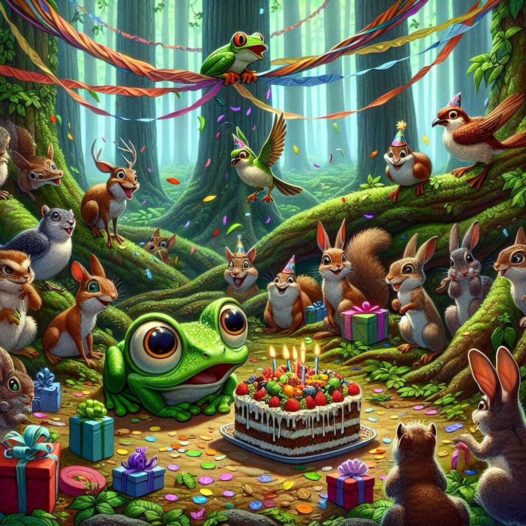 Surprised Frog's Woodland Birthday Celebration