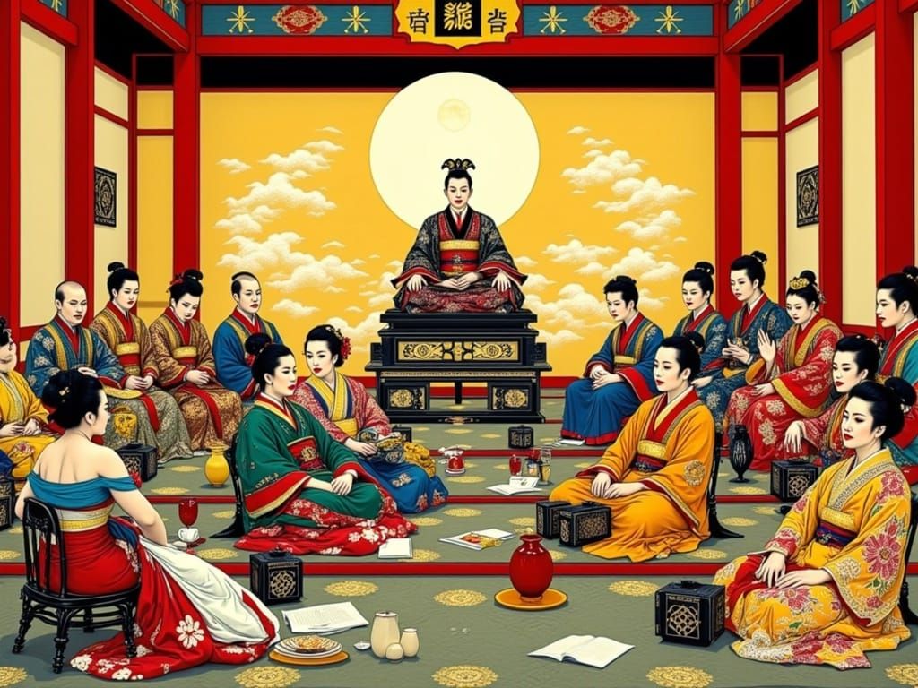 Traditional Japanese Court Ceremony in Vibrant Hues
