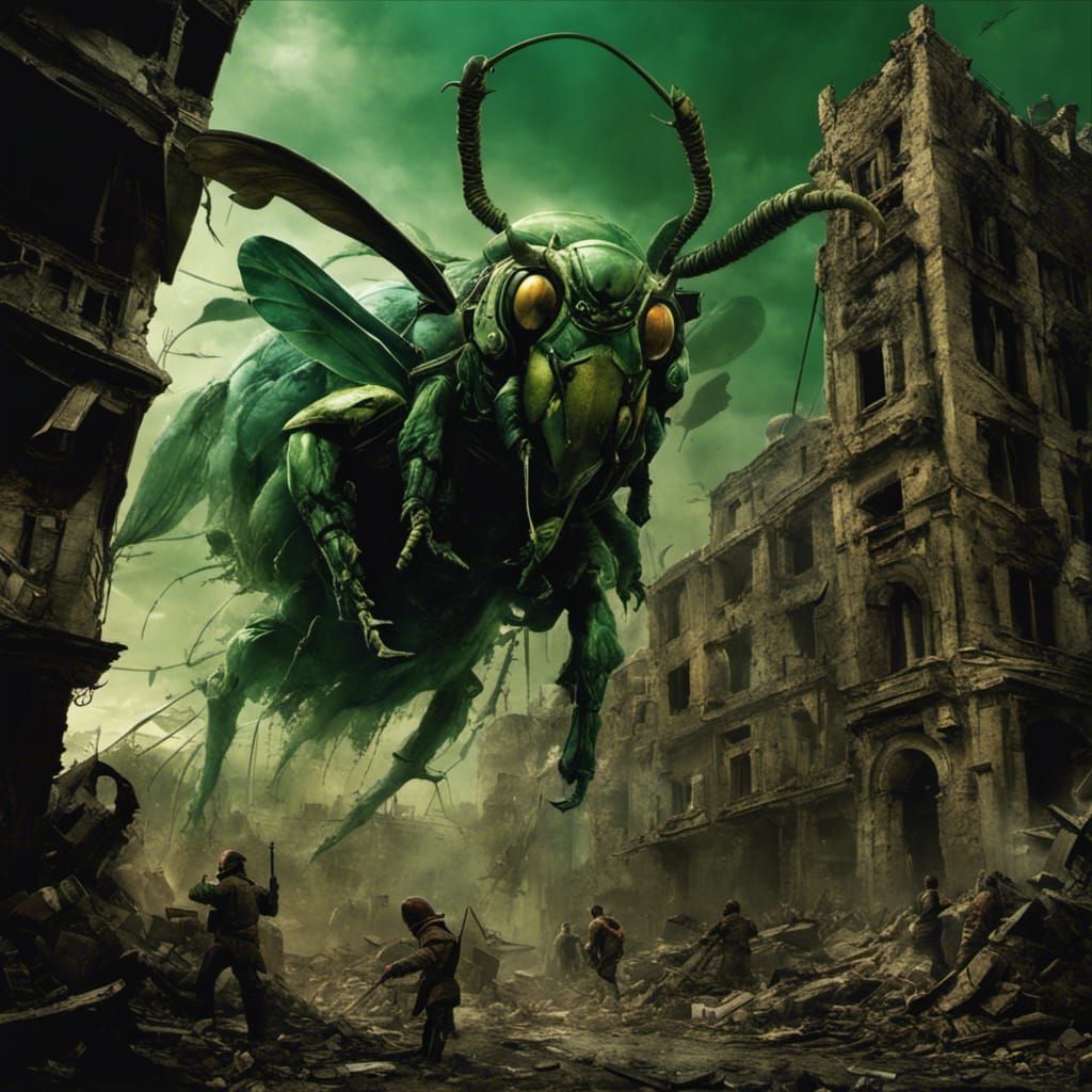 Monstrous Hornets Attack in Ruined Cityscape