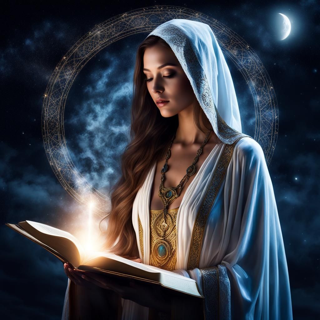 Mystical Sorceress Casting Spell in Moonlit Clearing