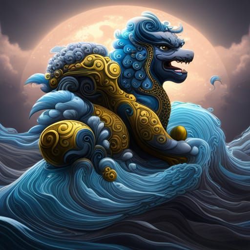 Blue and Yellow Foo Dog with Cherry Blossoms