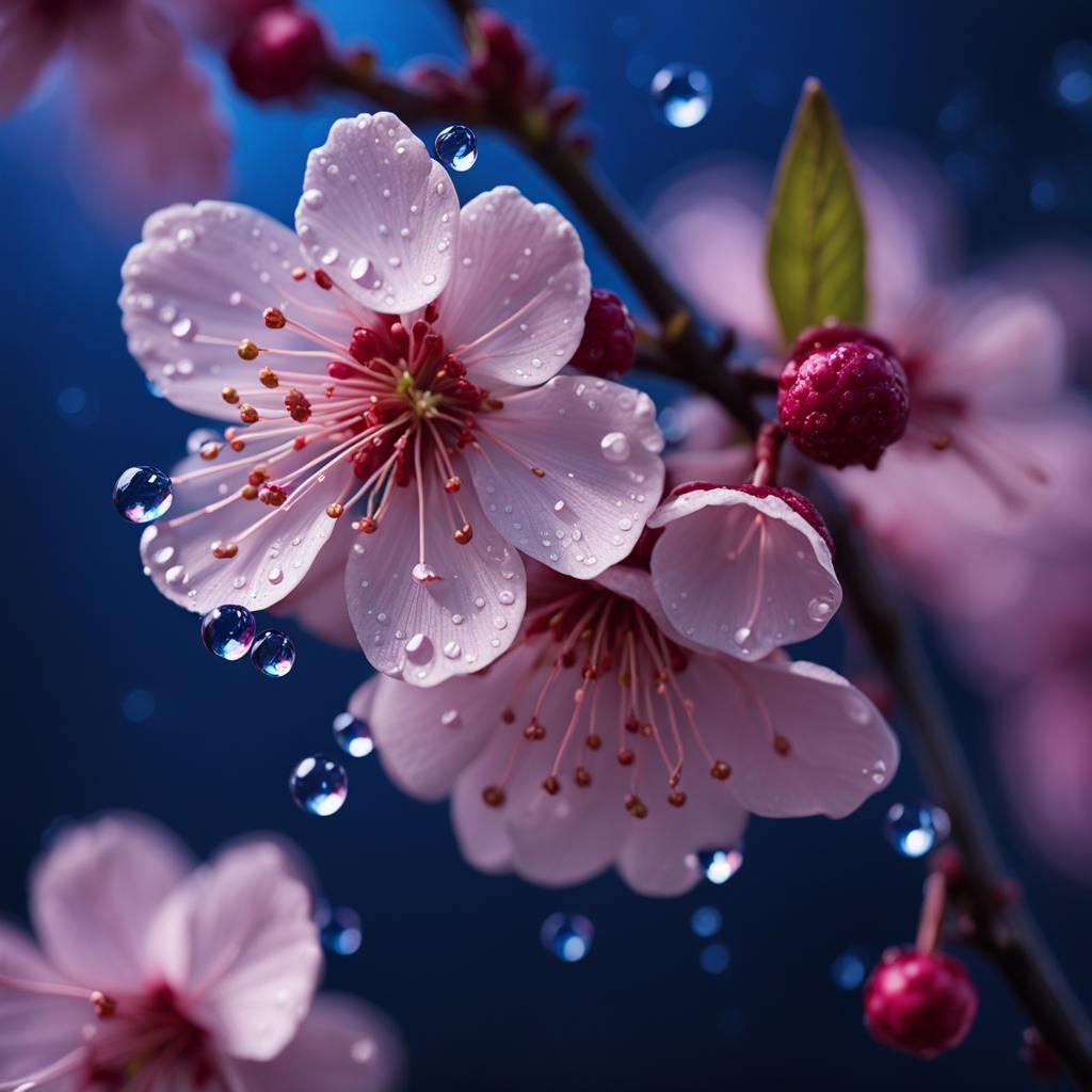 Cherry Blossoms in Water Drops: Photorealistic Concept Art