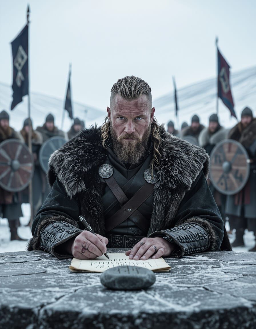 Nordic King Signing Decree in Winter Landscape