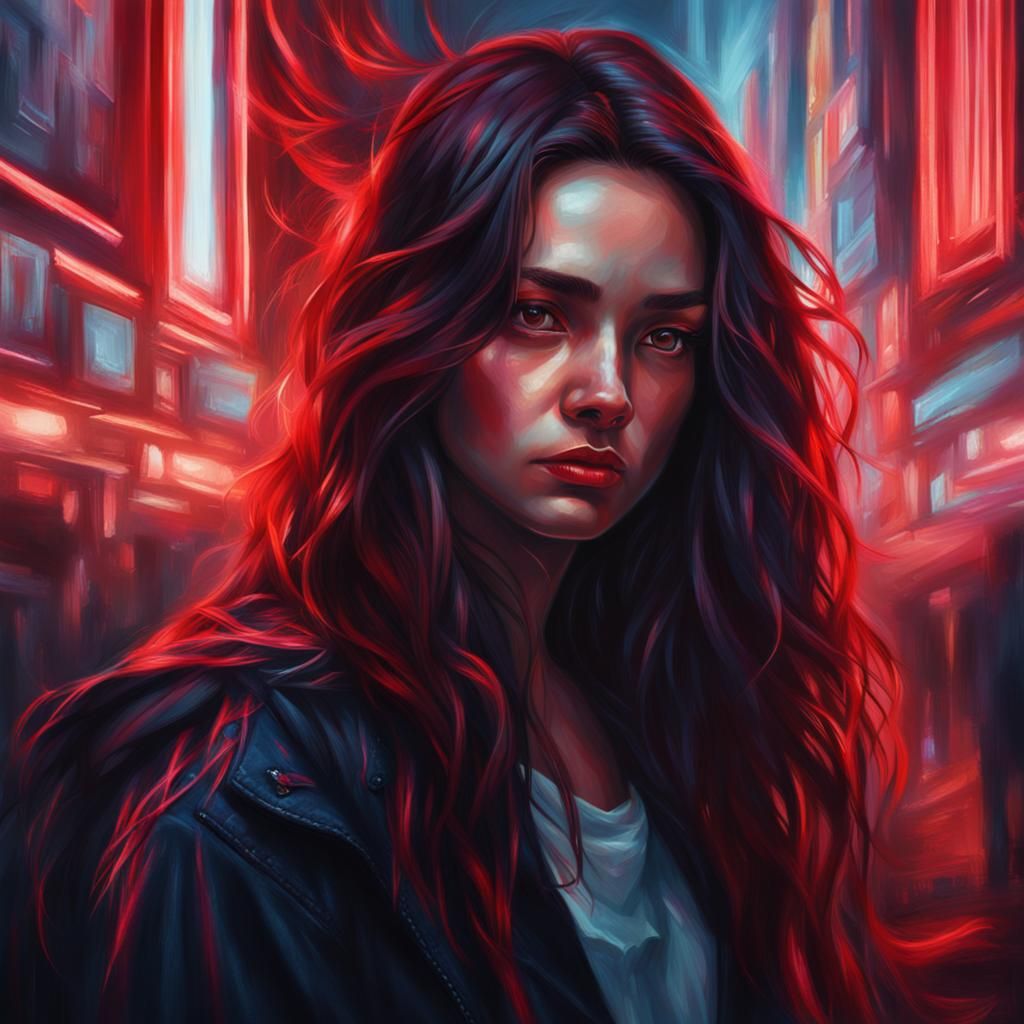 Hyperrealistic Portrait with Red Highlights and Neon