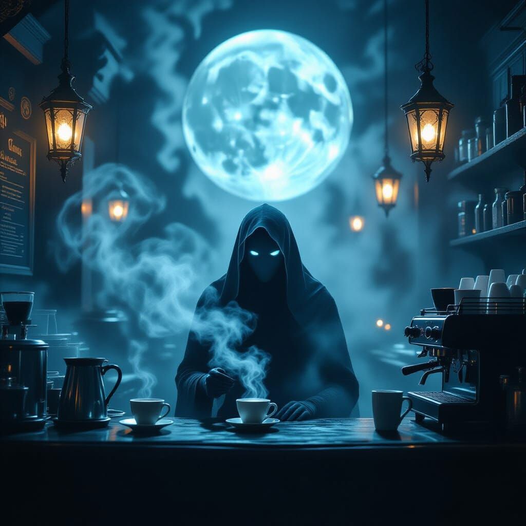 Ghostly Barista in Eerie Moonlit Café