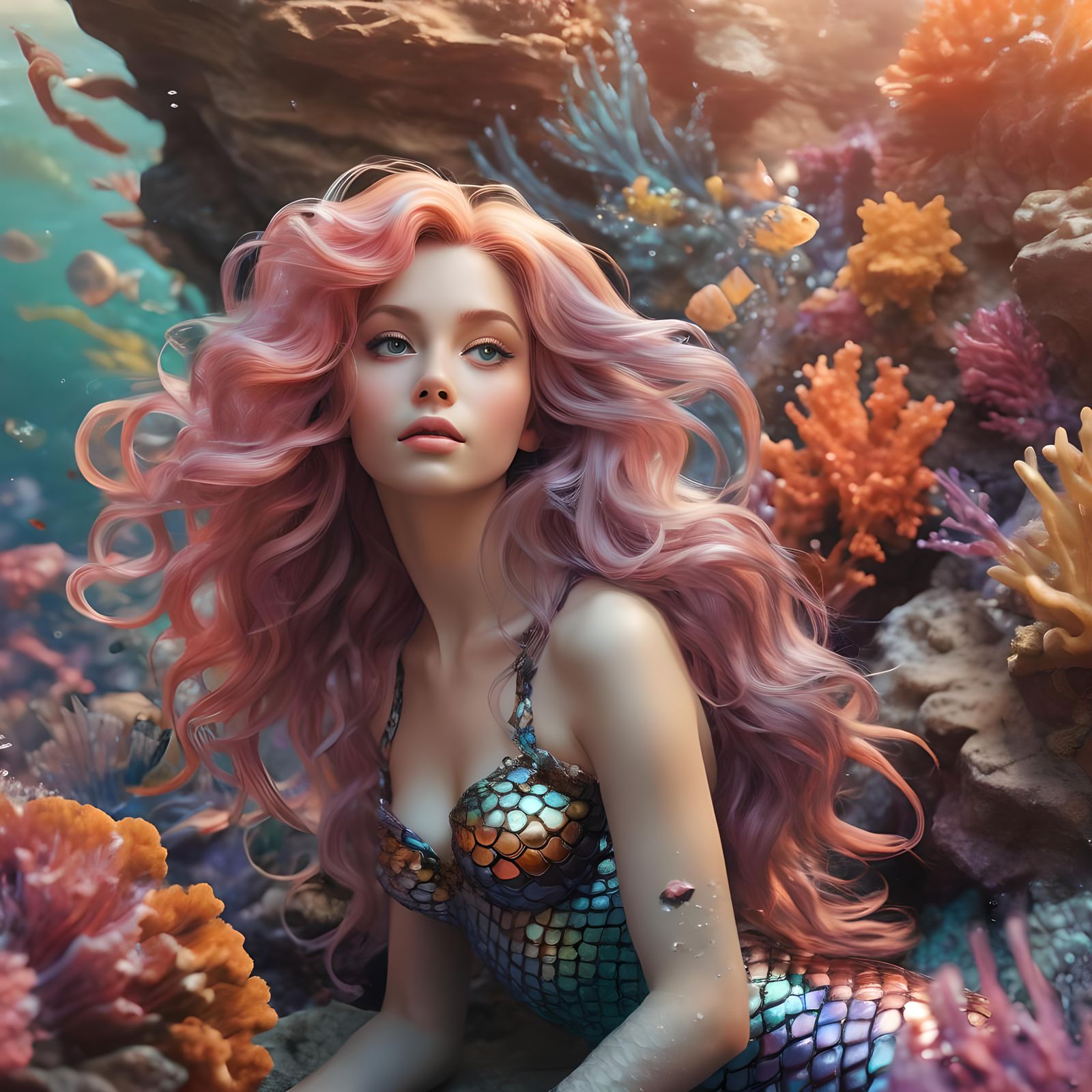 Lovely Mermaid in a Colorful Coral Reef