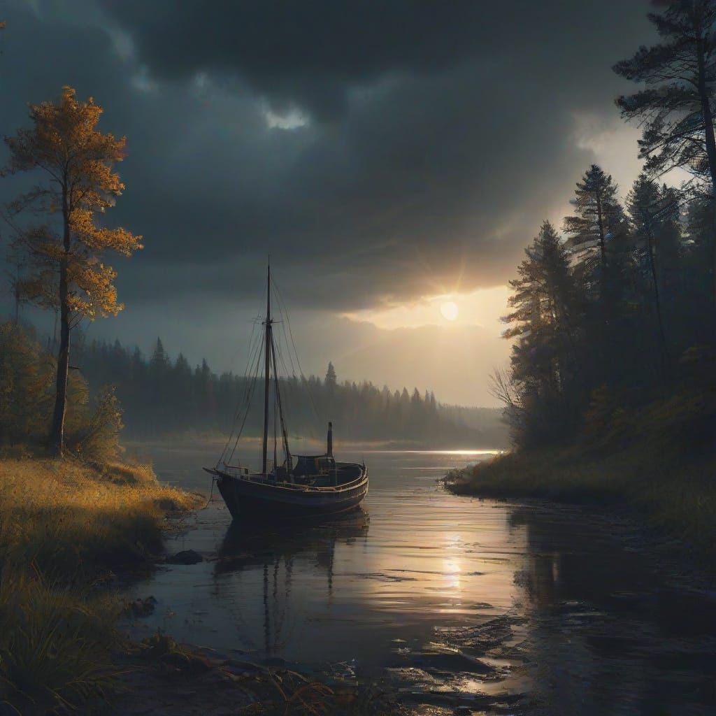 Dramatic River Scene Under Darkening Skies