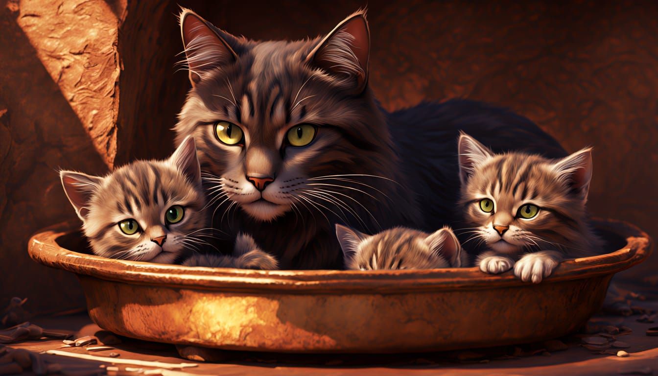 Chocolate Mother Cat and Kittens Fantasy Concept Art