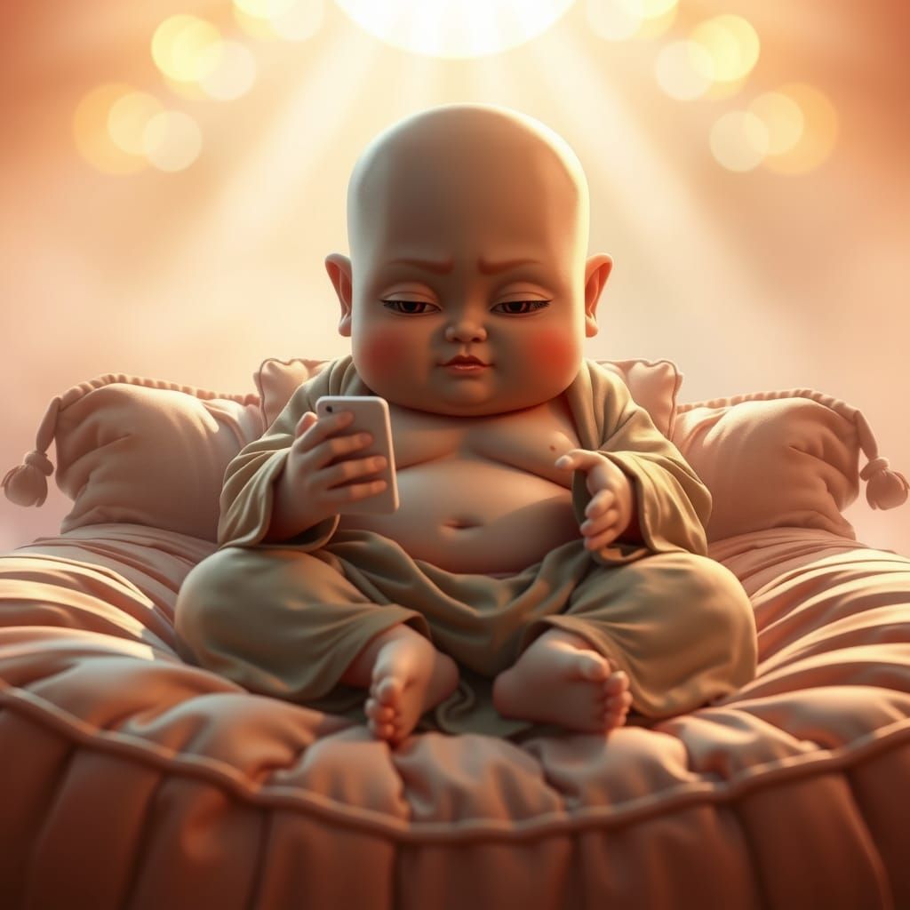 Bored Baby Monk Lounging with Phone in 3D