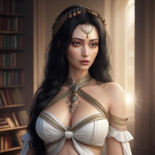 Pregnant Nyarlathotep in Bookstore: Photorealistic Art