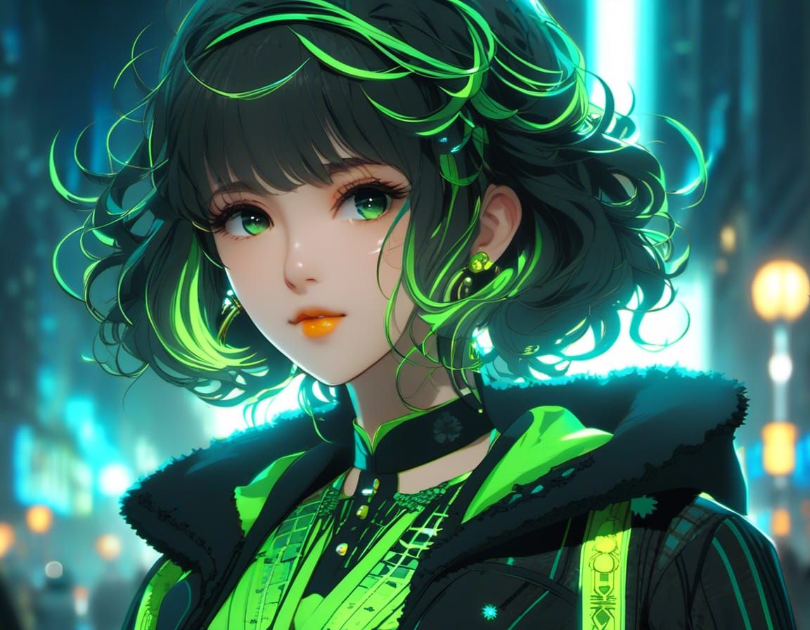 Cute Girl in Glitchcore Cityscape: Anime Key Visual