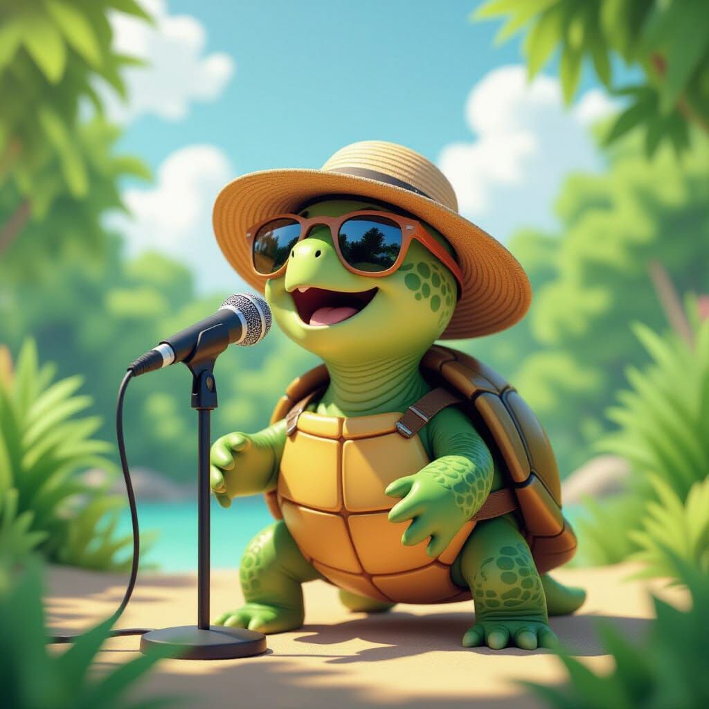 Singing Turtle in Summer Hat: 3D Anime Style