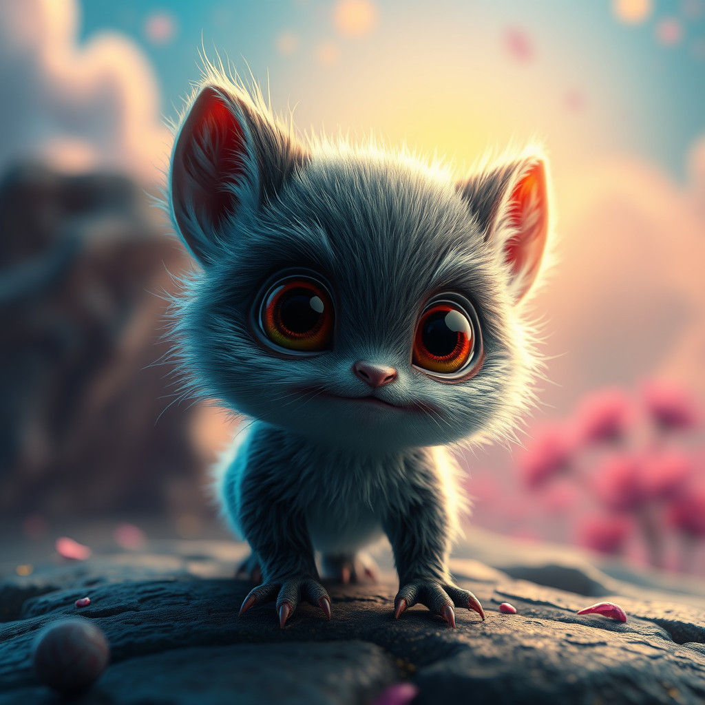 Adorable Furry Creature in Dreamlike Fantasy Landscape
