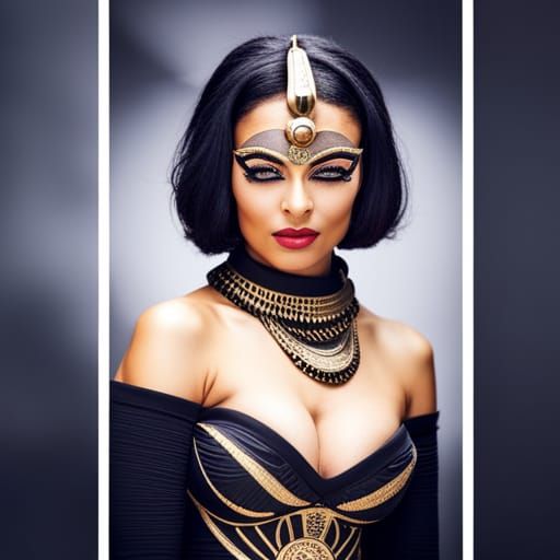 Bastet, muscular abs , fitness influencer "Farah Ehsan" dress as Egyptian goddess with mask head like Tutanchamun, intri...