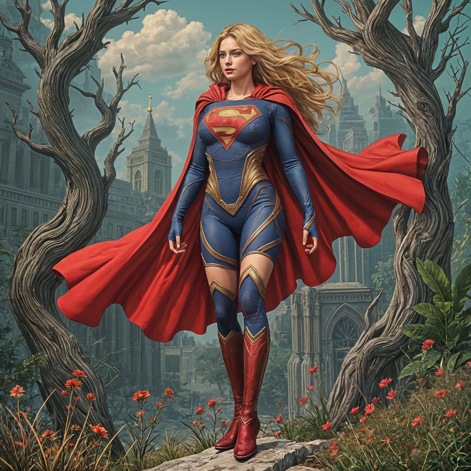 Heroic Supergirl in Dark, Whimsical Folk Art Style