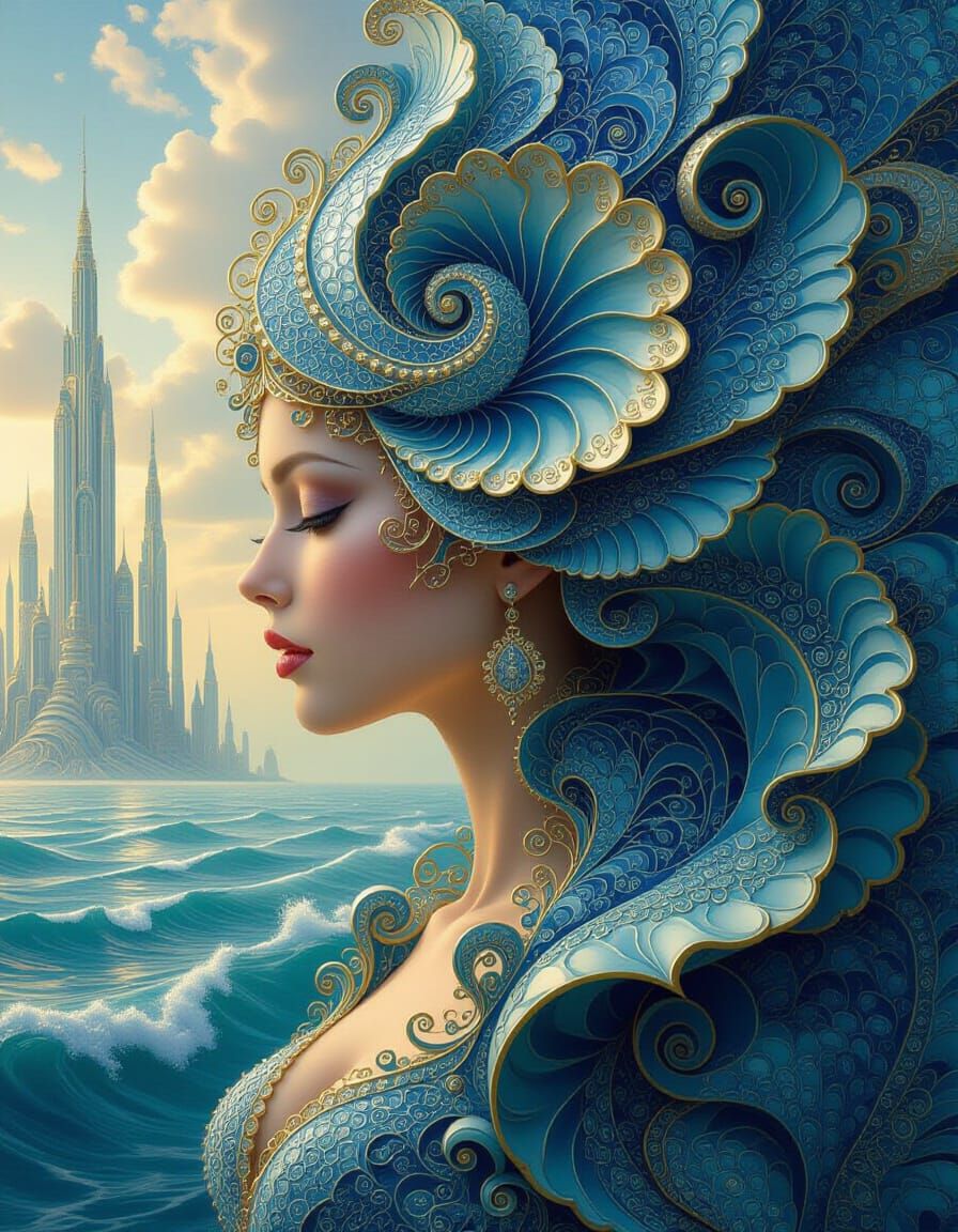 Woman's Profile with Seashell Fractal Hair in Blue and Gold