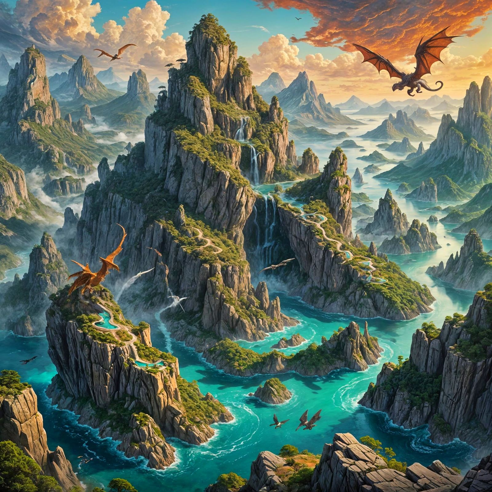 Dragons and Hydra in a Mountain Landscape