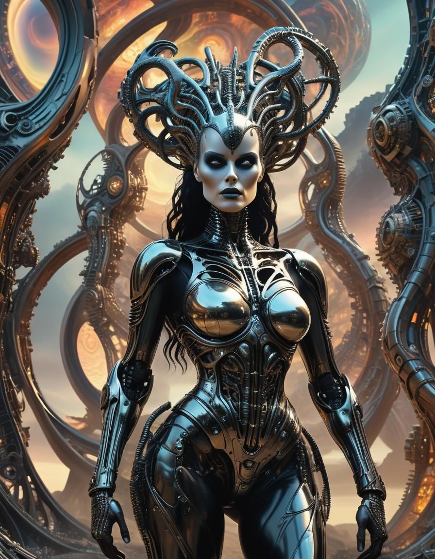 Surreal Biomechanical Woman in Fractal Landscape